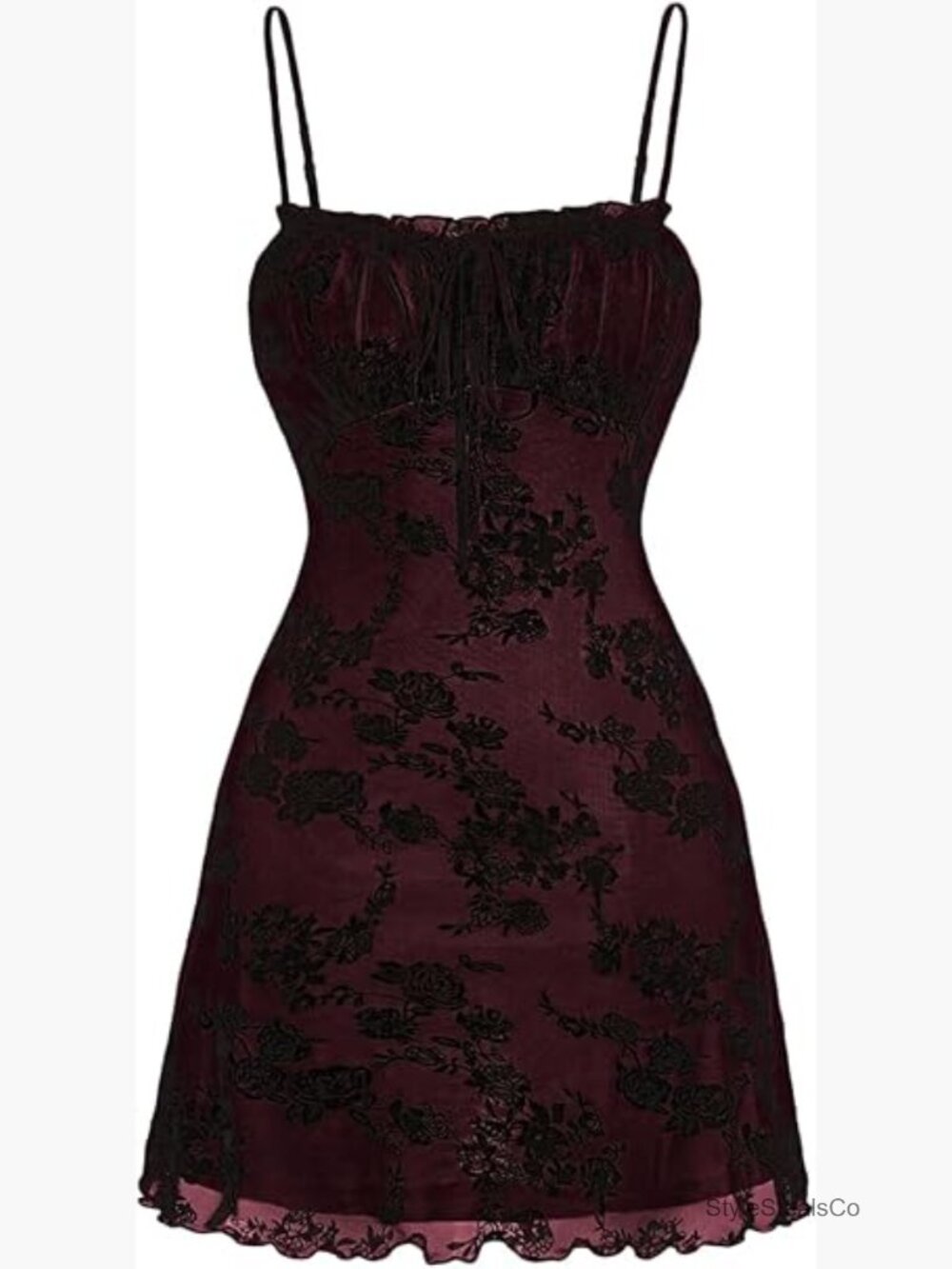 Floral Mesh Mini Dress with Lettuce Trim, Spaghetti Straps, Slim Fit